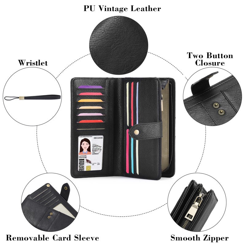 FALAN MULE Womens Leather Wallet Large Capacity Bifold RFID Blocking Card Holder with Zipper Coin Pocket - Image 3