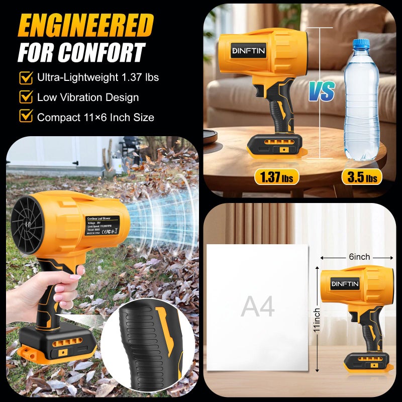 Dinftin Brushless Cordless Leaf Blower Compatible for DeWalt 20V Battery(Tool Only), 125MPH 430CFM Variable Speed Turbo Blower, Lightweight Handheld Blower for Lawn, Garage, Snow, Patio - Image 4