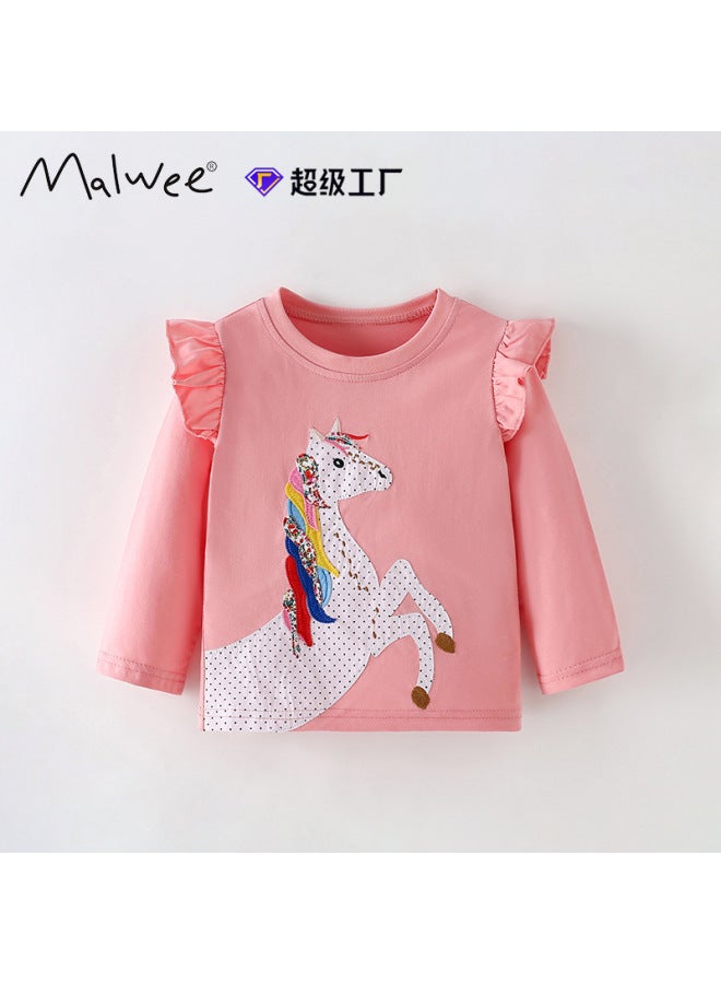 Malwee Girls' Autumn Tops European And American Style Children's Round Neck Long Sleeve Shirt