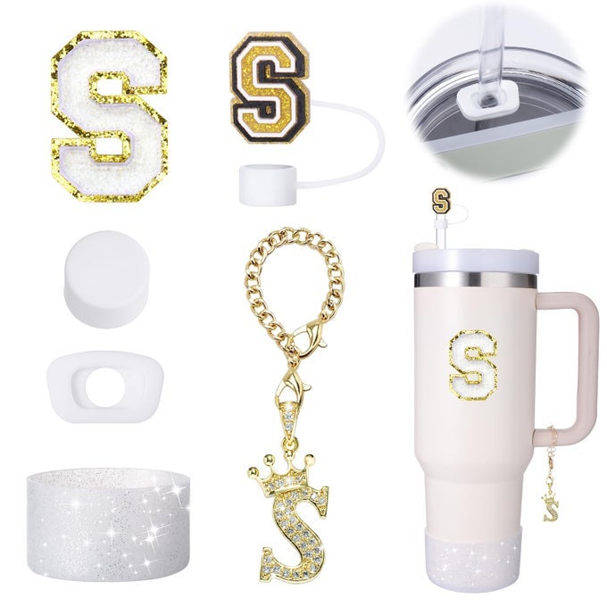 6PC CUP ACCESSORIES SET FOR STANLEY 30 OZ 40 OZ TUMBLER WITH HANDLE INCLUDING STRAW COVER CAP CUP INITIALS CHARM STICKER SILICONE BOOT ROUND SQUARE SPILL PROOF STOPPER LETTER S