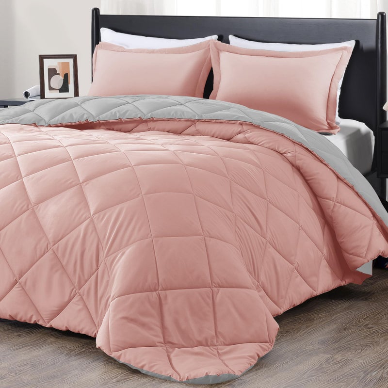 downluxe King Size Comforter Set - Pink and Grey King Comforter, Soft Bedding Sets for All Seasons -3 Pieces - 1 Comforter (104"x92") and 2 Pillow Shams(20"x36") - Image 1