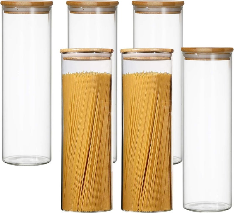Flrolove 50oz/1500ml Clear Glass Food Storage Containers Set, Airtight Food Jars with Bamboo Wooden Lids Kitchen Canisters For Sugar, Candy, Cookie, Rice and Spice Jars - Set of 6 - Image 1