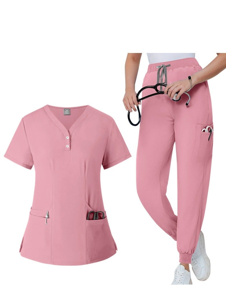 Loquat Solid Color Medical Uniform Scrubs 2 Piece Set V-Neck Top and Jogger Pants Suit Pink - Image 1