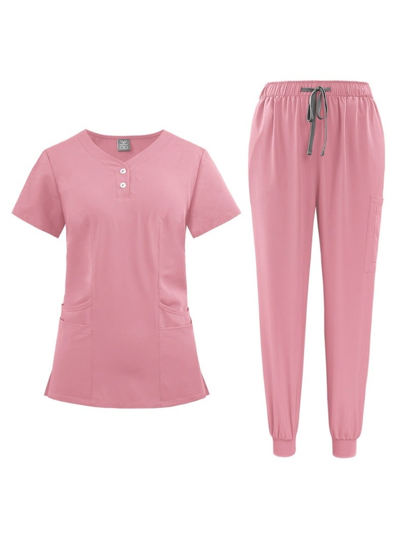 Loquat Solid Color Medical Uniform Scrubs 2 Piece Set V-Neck Top and Jogger Pants Suit Pink - Image 2