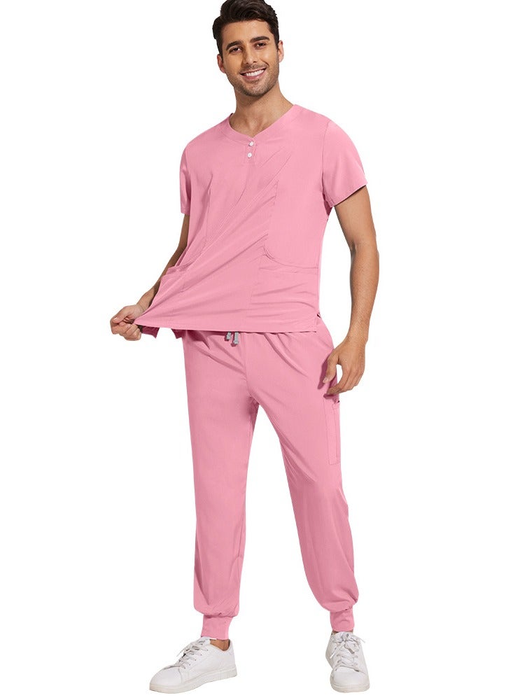 Loquat Solid Color Medical Uniform Scrubs 2 Piece Set V-Neck Top and Jogger Pants Suit Pink - Image 3