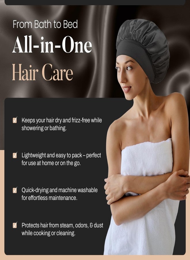 Merdia 2 PCS Satin Hair Bonnet for Women | Elastic and Reusable Shower Hair Caps | Satin Bonnet for Sleeping Women, Shower Caps | Double Layers Hair Cap | Environmental Protection | 11.8Inches, Black - Image 4
