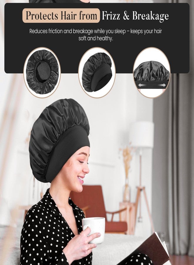 Merdia 2 PCS Satin Hair Bonnet for Women | Elastic and Reusable Shower Hair Caps | Satin Bonnet for Sleeping Women, Shower Caps | Double Layers Hair Cap | Environmental Protection | 11.8Inches, Black - Image 5