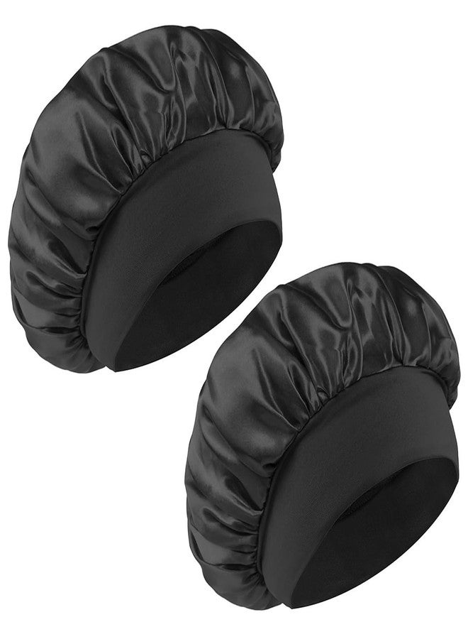 Merdia 2 PCS Satin Hair Bonnet for Women | Elastic and Reusable Shower Hair Caps | Satin Bonnet for Sleeping Women, Shower Caps | Double Layers Hair Cap | Environmental Protection | 11.8Inches, Black - Image 1