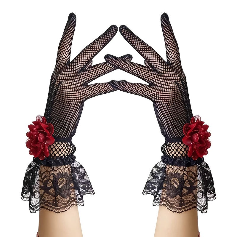 Black Lace Flower Mesh Gloves Pair for Gothic Party Halloween Vintage Court Dinner Costume Photo Shoot - Image 2