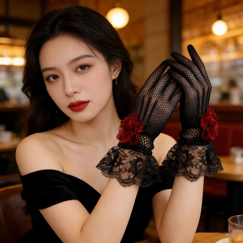 Black Lace Flower Mesh Gloves Pair for Gothic Party Halloween Vintage Court Dinner Costume Photo Shoot - Image 5