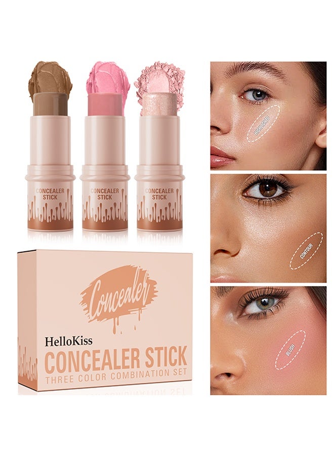 HelloKiss Concealer Stick Three Color Combination Set Highlight Contour and Blush Makeup Stick Set Cream Contour Concealer Stick Set Contour Highlighter Blusher Makeup Stick Soft Texture Skin Highlight Easy Makeup Stick - Image 1