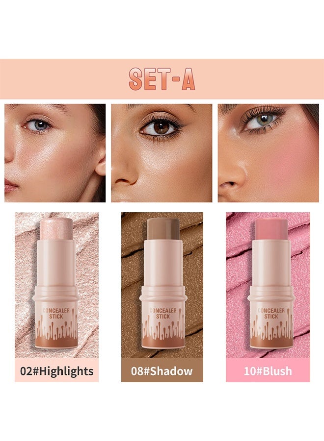 HelloKiss Concealer Stick Three Color Combination Set Highlight Contour and Blush Makeup Stick Set Cream Contour Concealer Stick Set Contour Highlighter Blusher Makeup Stick Soft Texture Skin Highlight Easy Makeup Stick - Image 2