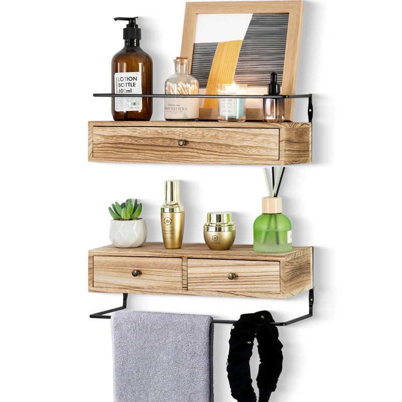 DreamPossible Floating Shelves - Wall Mounted Bathroom Shelf Set of 2 with Drawers, Rustic Wood Shelves for Bedroom, Living Room, Kitchen, Wall Decor, Plants, Books (Brown) - Image 1
