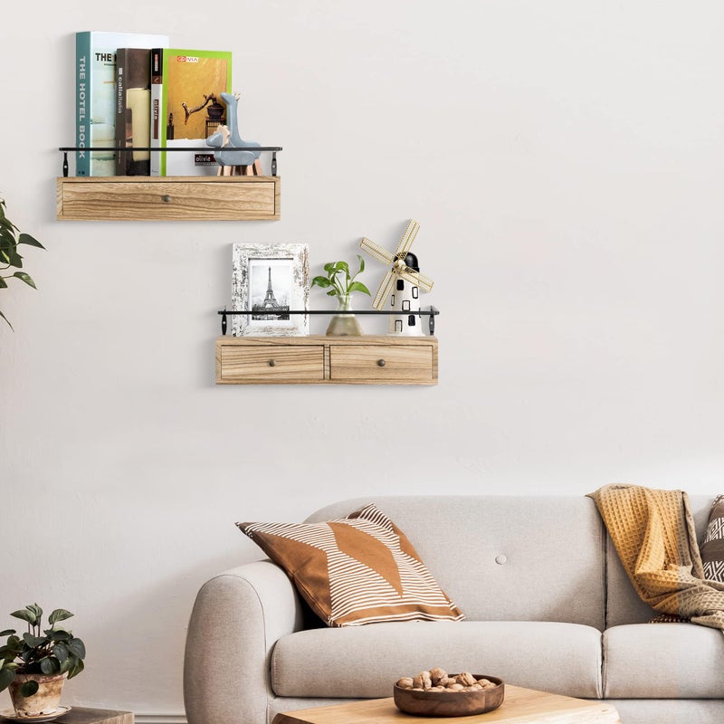 DreamPossible Floating Shelves - Wall Mounted Bathroom Shelf Set of 2 with Drawers, Rustic Wood Shelves for Bedroom, Living Room, Kitchen, Wall Decor, Plants, Books (Brown) - Image 3