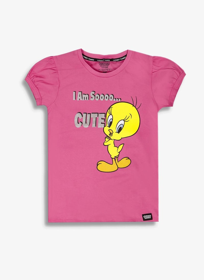 Looney Tunes Kids Pink Cotton Tweety Graphic T-Shirt - Image 1