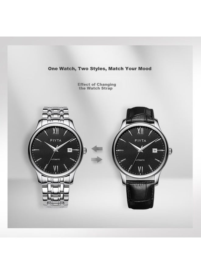 Fiyta Classic Series Black Dial Steel Band Mechanical Business Minimalist Men's Watch With Date Calendar Valentine's Day New Year Gift For Men - Image 2