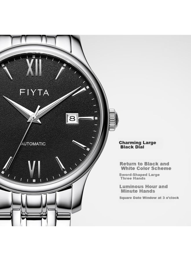 Fiyta Classic Series Black Dial Steel Band Mechanical Business Minimalist Men's Watch With Date Calendar Valentine's Day New Year Gift For Men - Image 3