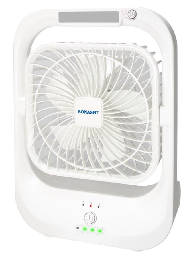 SONASHI 8-Inch White Rechargeable Fan with 15 LED Lights | 3-Speed Function, Tilting Head | Inbuilt Charger and 5V 2000mAh Lithium Battery | Up to 5 Hours Working Time | SRF-803N White SRF-803 White - Image 2