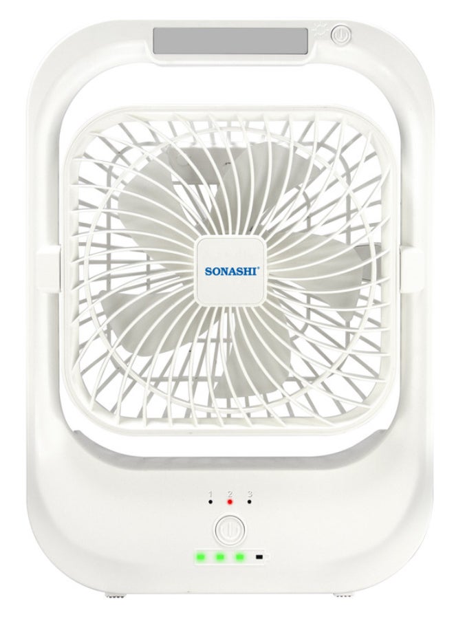 SONASHI 8-Inch White Rechargeable Fan with 15 LED Lights | 3-Speed Function, Tilting Head | Inbuilt Charger and 5V 2000mAh Lithium Battery | Up to 5 Hours Working Time | SRF-803N White SRF-803 White - Image 1