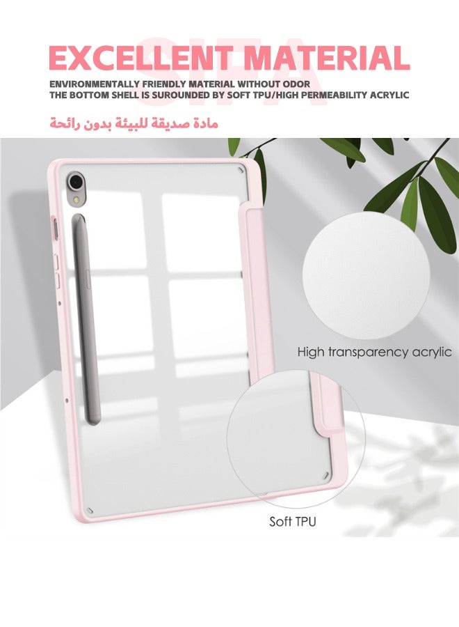 Samsung Galaxy Tab S9/S9 FE Cover, Trifold Flip Slim Leather with S Pen Holder, Auto Wake Sleep, Smart Magnetic Cover Clear Acrylic Back Shockproof Case for Samsung Tab S9/S9 FE 2023, Pink  - Image 5
