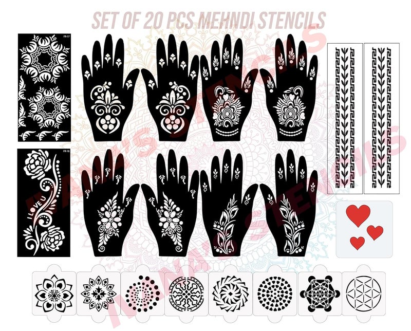 ivana's Ivanas Set of 20 Pcs Combo Pack Reusable Mehandi Design Sticker Stencils for Both Hand  Mehendi Sticker for Hands  Quick and Easy to Use for Girls Women Kids  Teen D2249 - Image 1
