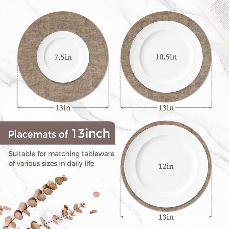 NCUE 13" Round Placemats Set of 8, Reversible Faux Leather Heat Resistant Table Mats, Waterproof Oilproof Wipeable Table Protective Placemats for Vinyl, Washable for Indoor & Outdoor Use (8, Light Coffee) - Image 2