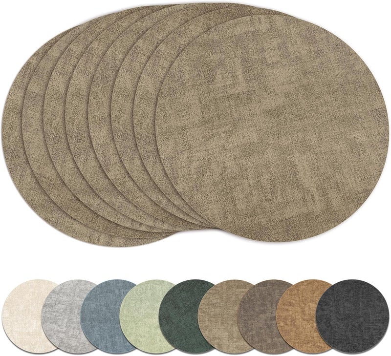 NCUE 13" Round Placemats Set of 8, Reversible Faux Leather Heat Resistant Table Mats, Waterproof Oilproof Wipeable Table Protective Placemats for Vinyl, Washable for Indoor & Outdoor Use (8, Light Coffee) - Image 1