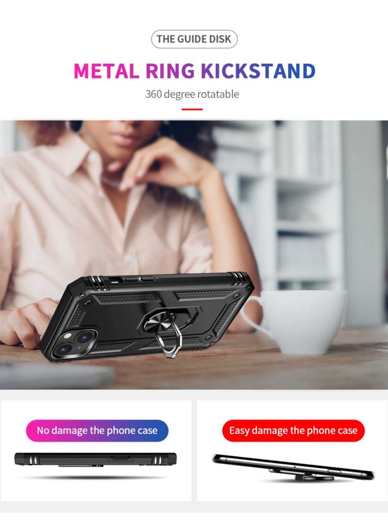 iPhone 14 Case Shockproof Military Grade Protection with Ring Stand Kickstand Magnetic Car Mount Support Heavy Duty Dual Layer Protective Cover Black - Image 4