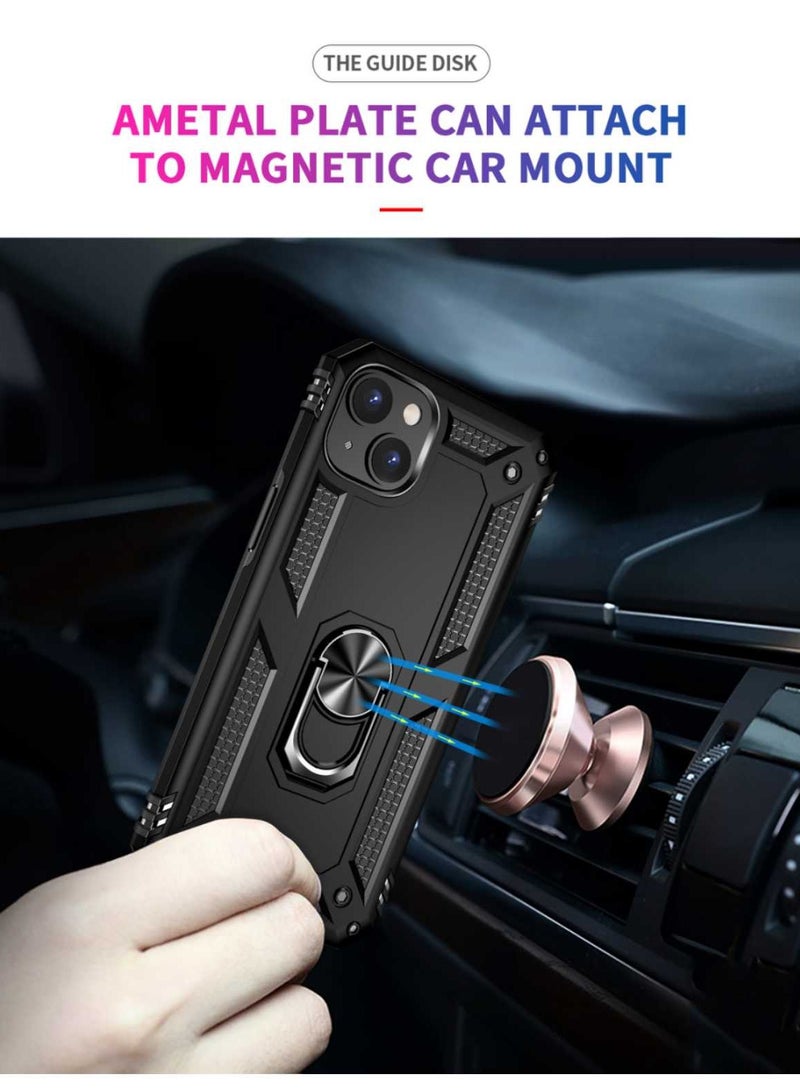 iPhone 14 Case Shockproof Military Grade Protection with Ring Stand Kickstand Magnetic Car Mount Support Heavy Duty Dual Layer Protective Cover Black - Image 3