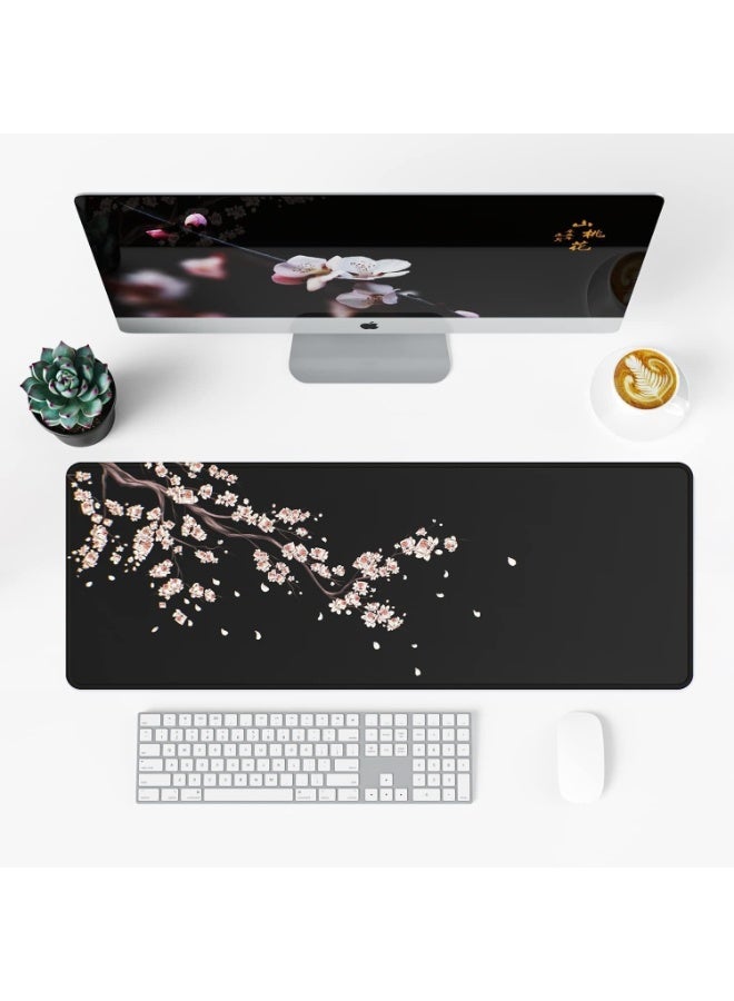 اليابانية أزهار البرقشة أسود ماوس باد، تمديد كبير مكتب حصيرة 31.5 × 11.8 بوصة، قاعدة مطاطية غير انزلاق، سطح قماش ناعم، حواف مخيطة لعبة ماوس باد للمكتب وإعداد الكمبيوتر (XL) - Image 2