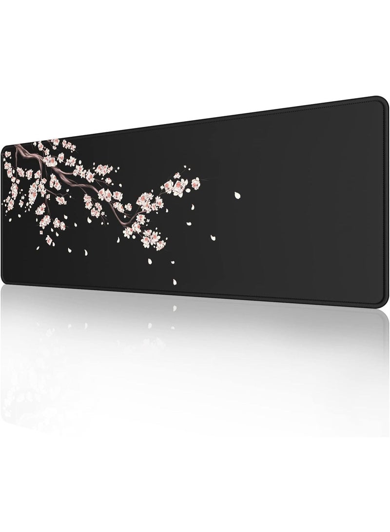 اليابانية أزهار البرقشة أسود ماوس باد، تمديد كبير مكتب حصيرة 31.5 × 11.8 بوصة، قاعدة مطاطية غير انزلاق، سطح قماش ناعم، حواف مخيطة لعبة ماوس باد للمكتب وإعداد الكمبيوتر (XL) - Image 1