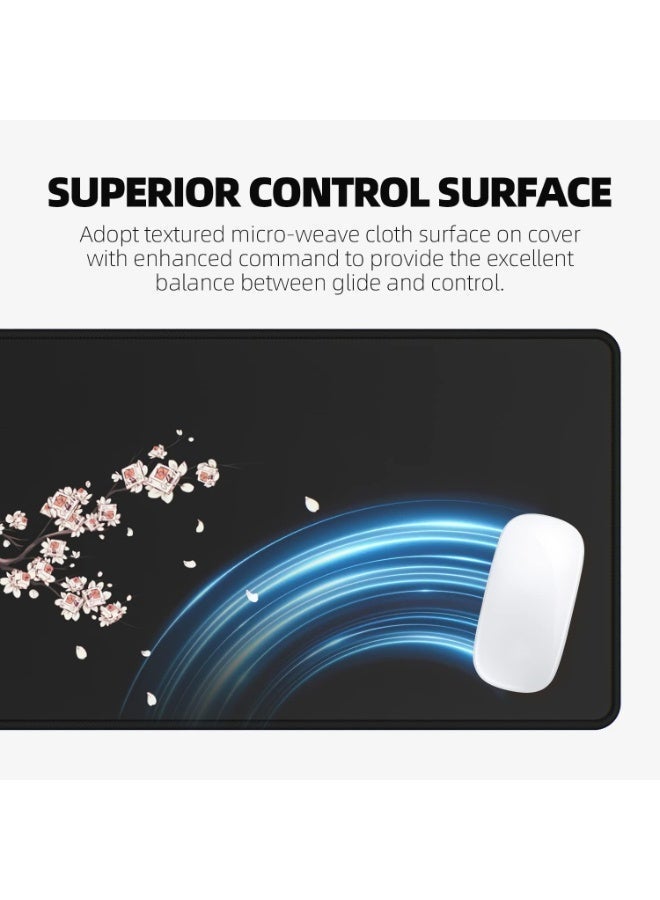 اليابانية أزهار البرقشة أسود ماوس باد، تمديد كبير مكتب حصيرة 31.5 × 11.8 بوصة، قاعدة مطاطية غير انزلاق، سطح قماش ناعم، حواف مخيطة لعبة ماوس باد للمكتب وإعداد الكمبيوتر (XL) - Image 4