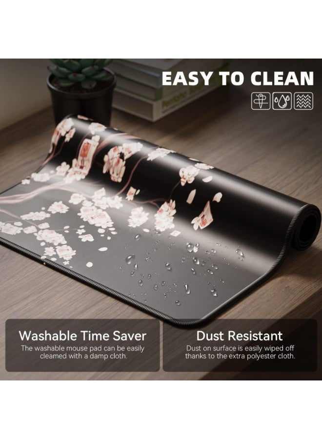 اليابانية أزهار البرقشة أسود ماوس باد، تمديد كبير مكتب حصيرة 31.5 × 11.8 بوصة، قاعدة مطاطية غير انزلاق، سطح قماش ناعم، حواف مخيطة لعبة ماوس باد للمكتب وإعداد الكمبيوتر (XL) - Image 5