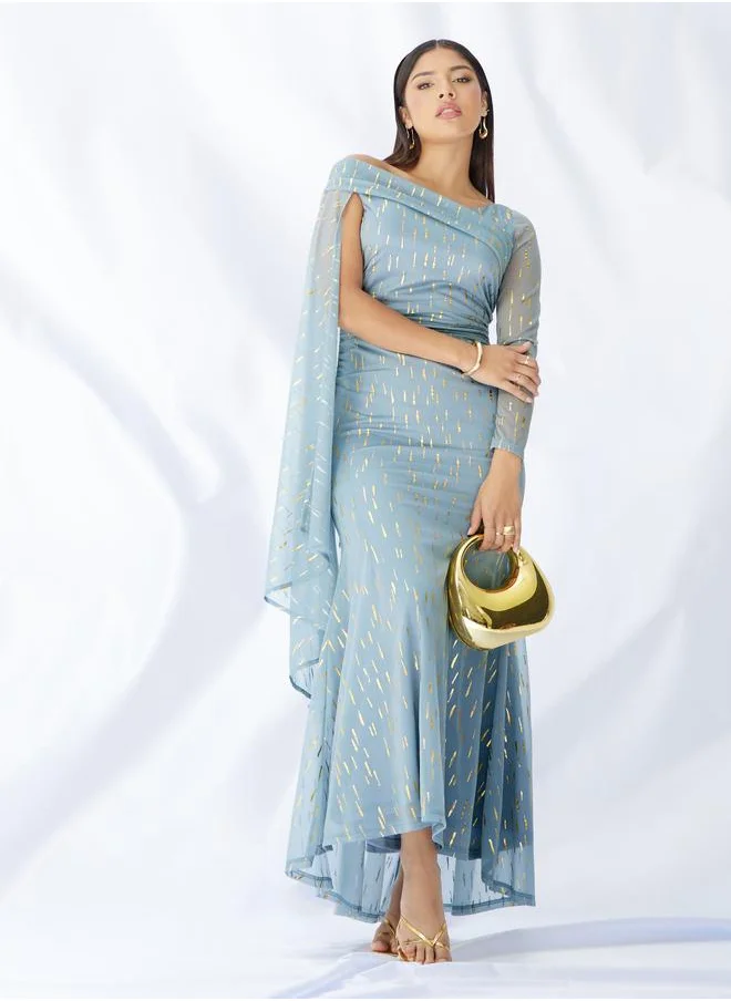 ستايلي Styli Printed One Cape Sleeve Maxi Dress