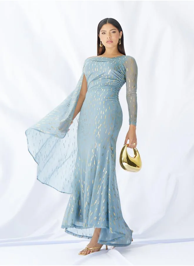 ستايلي Styli Printed One Cape Sleeve Maxi Dress
