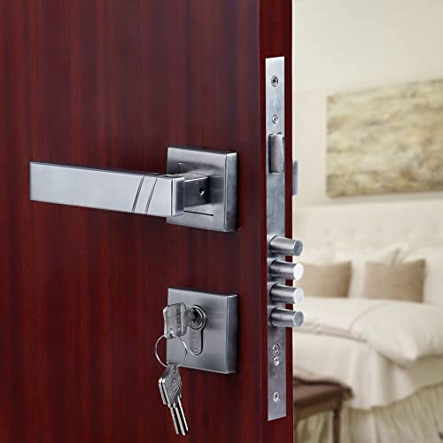 CRUST Premium Rose Mortise Door Lock Handle Set/Mortise Lock with Brass Lock Body and 60 mm One Side Key Cylinder Set with 3 Brass Computer Keys (LB-10003, Matt Satin) - Image 1