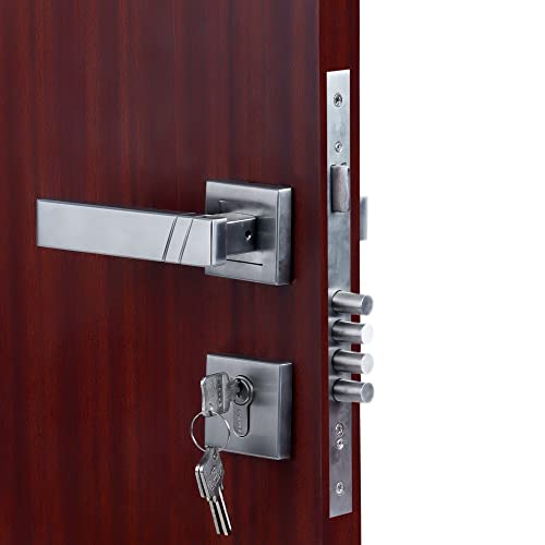 CRUST Premium Rose Mortise Door Lock Handle Set/Mortise Lock with Brass Lock Body and 60 mm One Side Key Cylinder Set with 3 Brass Computer Keys (LB-10003, Matt Satin) - Image 4