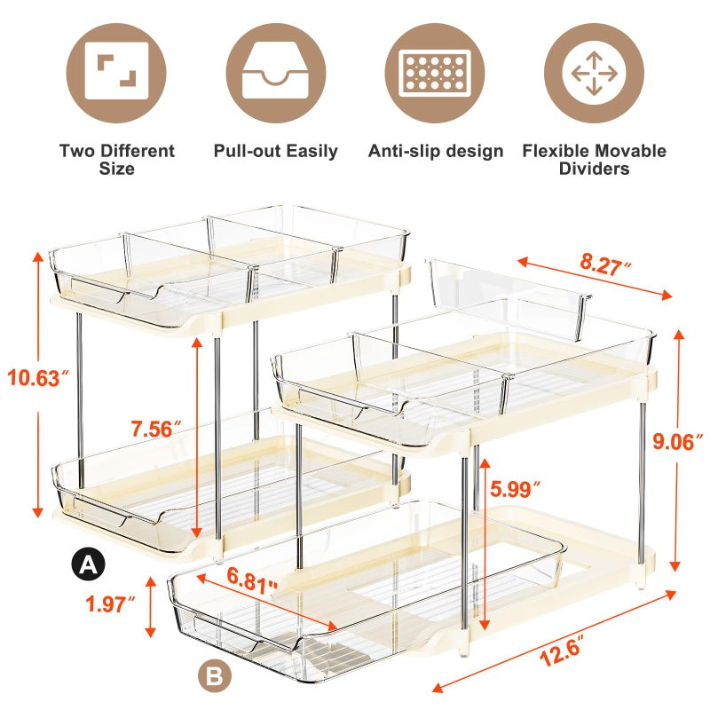 Delamu 2-Tier Multi-Purpose Bathroom Under Sink Organizers and Storage, Stackable Kitchen Pantry Organization, Pull Out Medicine Cabinet Organizer with Movable Dividers, Beige, 2 Pack - Image 2