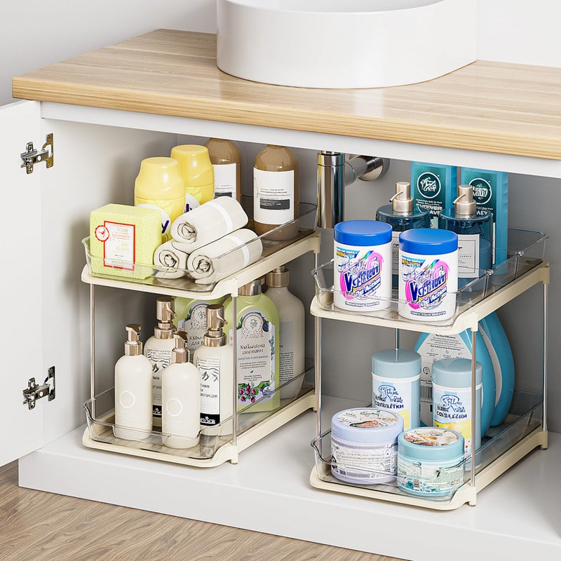 Delamu 2-Tier Multi-Purpose Bathroom Under Sink Organizers and Storage, Stackable Kitchen Pantry Organization, Pull Out Medicine Cabinet Organizer with Movable Dividers, Beige, 2 Pack - Image 1