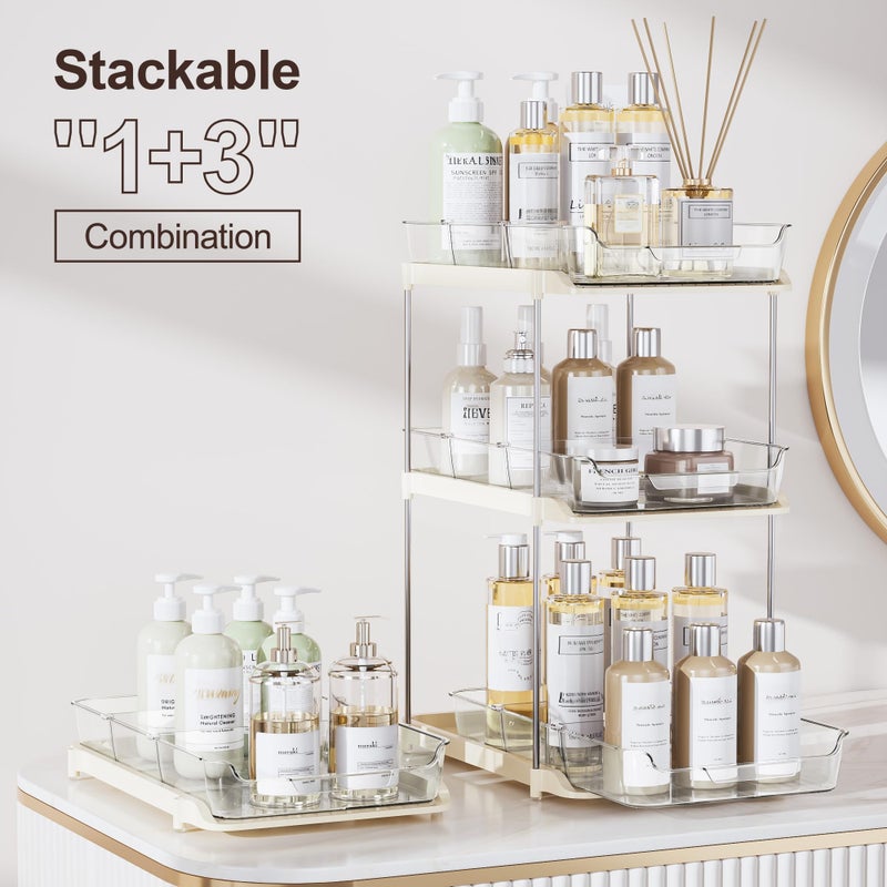 Delamu 2-Tier Multi-Purpose Bathroom Under Sink Organizers and Storage, Stackable Kitchen Pantry Organization, Pull Out Medicine Cabinet Organizer with Movable Dividers, Beige, 2 Pack - Image 3