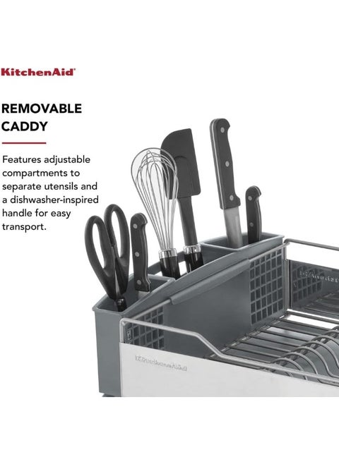 Large Capacity, Full Size, Rust Resistant Dish Rack Angled Drain Board and Removable Flatware Caddy, Light Grey