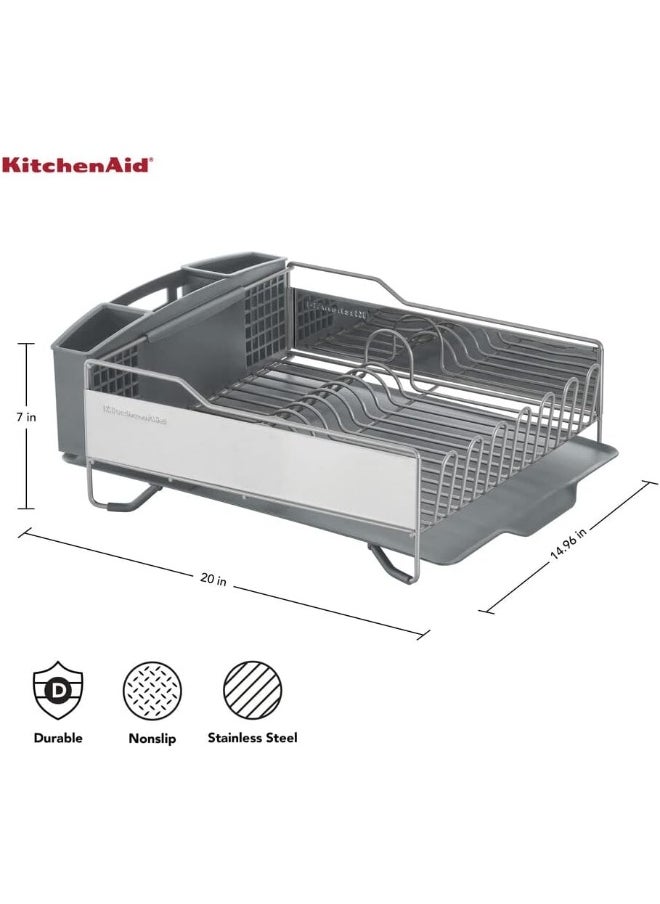 Large Capacity, Full Size, Rust Resistant Dish Rack Angled Drain Board and Removable Flatware Caddy, Light Grey