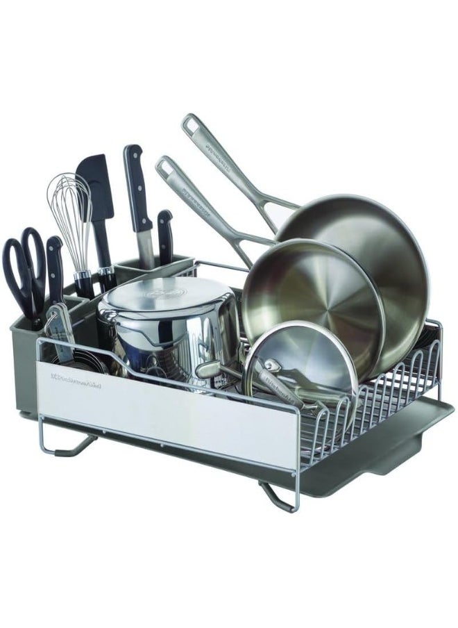 Large Capacity, Full Size, Rust Resistant Dish Rack Angled Drain Board and Removable Flatware Caddy, Light Grey