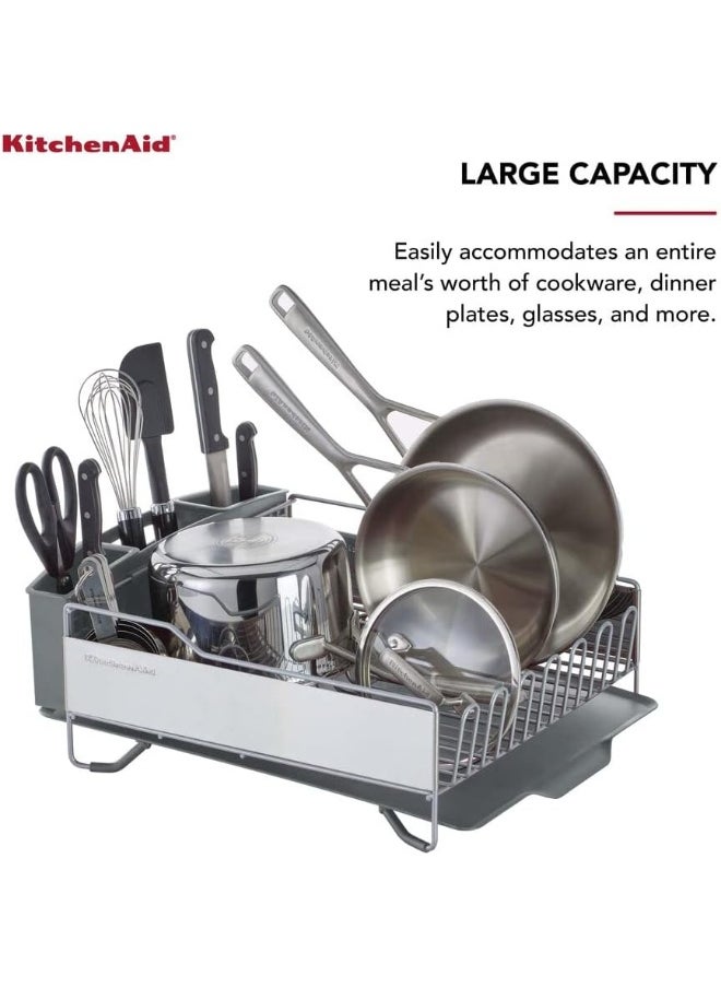 Large Capacity, Full Size, Rust Resistant Dish Rack Angled Drain Board and Removable Flatware Caddy, Light Grey