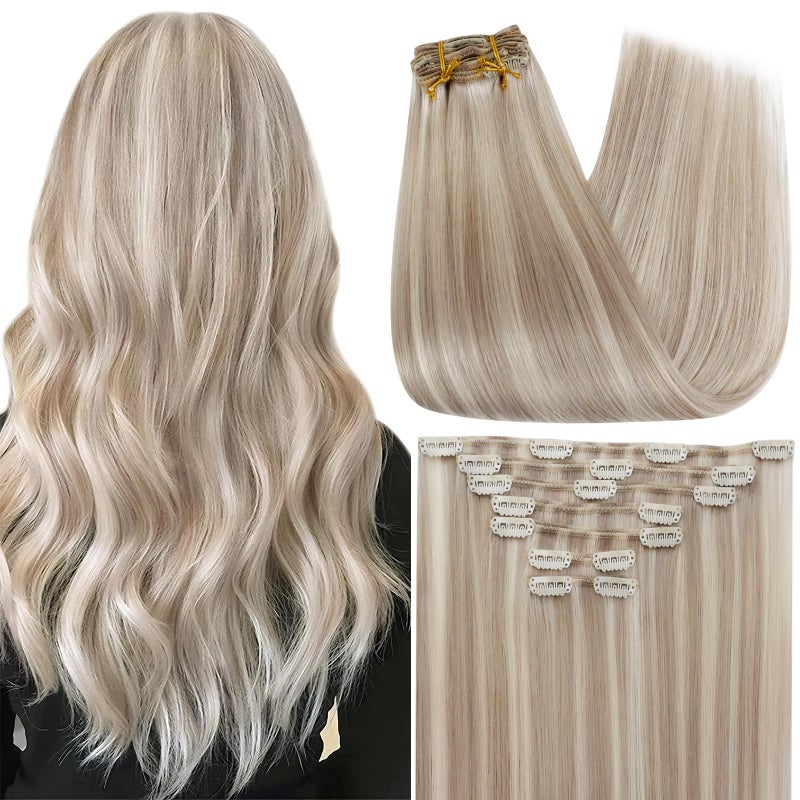 Full Shine Blonde Clip in Human Hair Extensions Highlights Remy Clip in Hair Extensions Double Weft Silky Straight 7 Pcs Invisible Natural Hair Ash Blonde Highlight 18 Inch 120g - Image 1