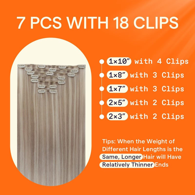 Full Shine Blonde Clip in Human Hair Extensions Highlights Remy Clip in Hair Extensions Double Weft Silky Straight 7 Pcs Invisible Natural Hair Ash Blonde Highlight 18 Inch 120g - Image 3
