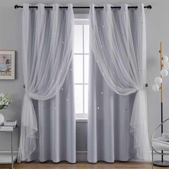 Anytime Romantic Kids CurtainHollowOut Stars Window Curtain Double Layer Blackout Curtains for Girls Bedroom Kids Room 2PanelW52 x L63Greyish White