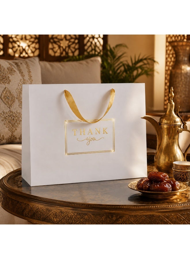 5 Sets Gold Foil Thank You Printed White Kraft Paper Gift Tote Bags with Satin Ribbon Handles for Ramadan Eid Wedding Birthday Party Daily Gift Giving 32x26x11cm - Image 2