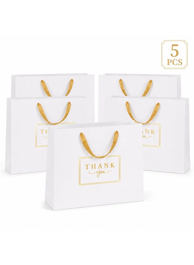 5 Sets Gold Foil Thank You Printed White Kraft Paper Gift Tote Bags with Satin Ribbon Handles for Ramadan Eid Wedding Birthday Party Daily Gift Giving 32x26x11cm - Image 1