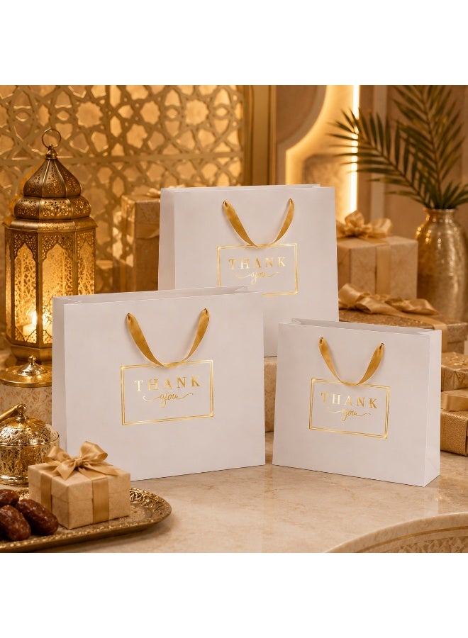 5 Sets Gold Foil Thank You Printed White Kraft Paper Gift Tote Bags with Satin Ribbon Handles for Ramadan Eid Wedding Birthday Party Daily Gift Giving 32x26x11cm - Image 3